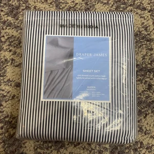 Draper James Queen Sheet Set, 220 Thread Count, Blue Stripe With Ruffle - Picture 1 of 4