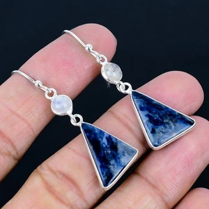 Sodalite 925 Silver Plated Handmade Earrings of 2.17" - Picture 1 of 3