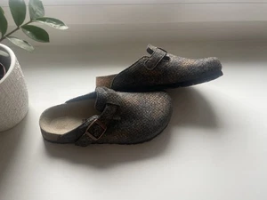 NEU Papilio By Birkenstock Boston Pantoletten Hsusschuhe Gold Grau Wollfilz - Bild 1 von 4