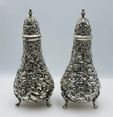 Baltimore Antique Sterling Silver Floral Repousse Salt & Pepper Shakers - Image 1 of 4