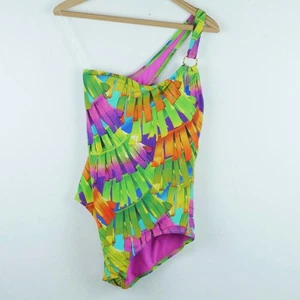 Trina Turk Size 12 One Piece Swimsuit Polynesian Palms One Shoulder Tropical NWT - Picture 1 of 8