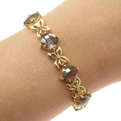 "Brazalete de eslabones de mariposa de cuarzo ahumado con diamantes creados en oro de 14 kYell de 7""" Foto 1 de 4