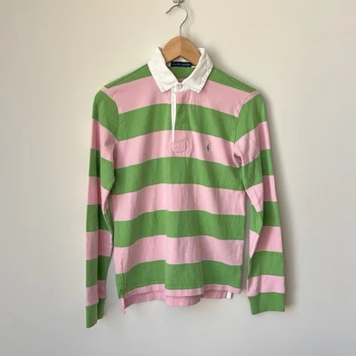 Vintage Ralph Lauren Polo Rugby Shirt Size M Pink Green Stripe Preppy Colorful - Image 1 of 4