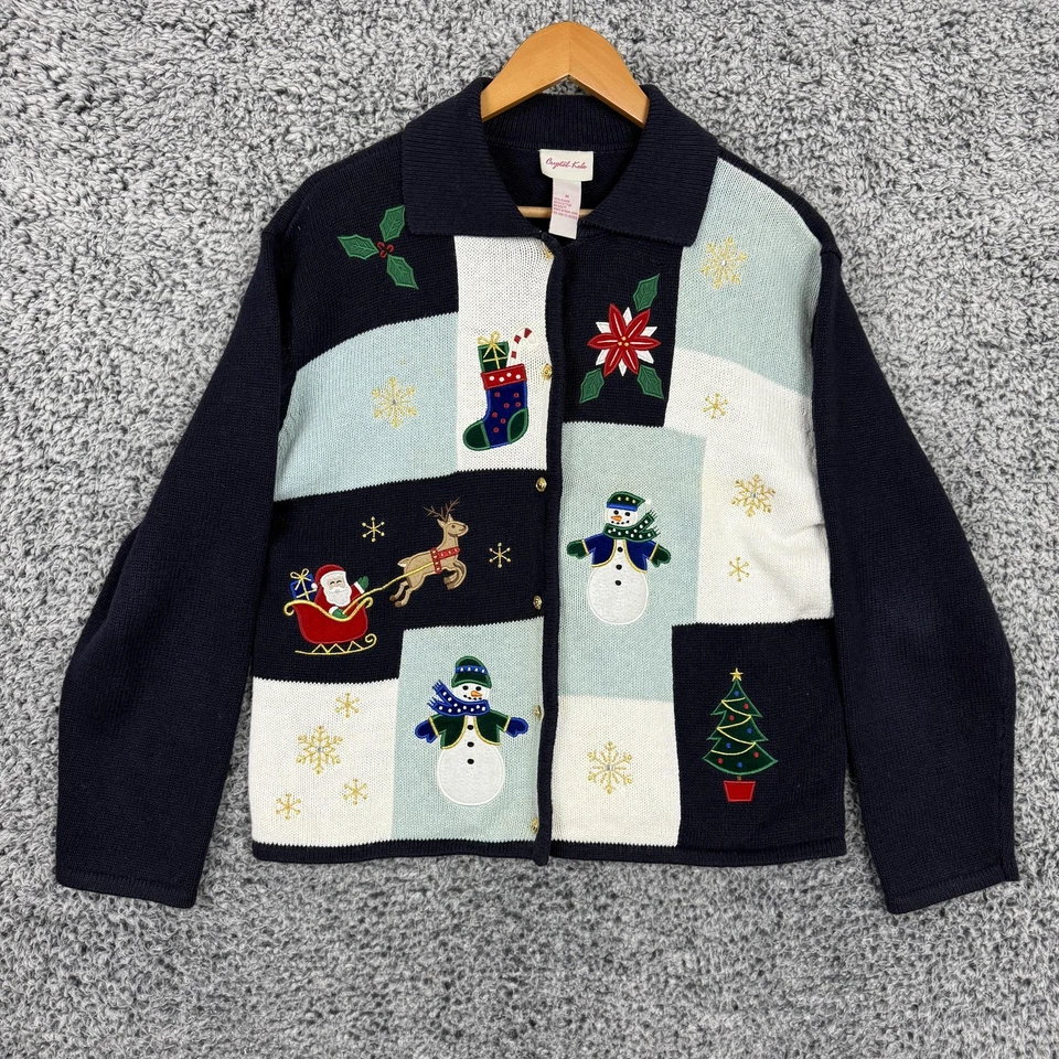 Винтажный рождественский свитер женщин средний кардиган уродливый вышитый 90-х Гонконг - Изображение 1 из 4