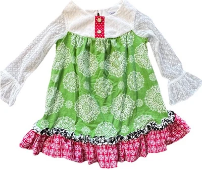 Counting Daisies Girls Christmas Dress Cream Lace Long Sleeve Green Red Size 4 - Image 1 of 4