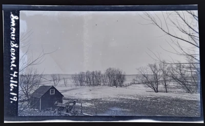 1919 photo negative "Snow Scene" April in Vail Iowa - farm - blacksmith shop - Image 1 of 2