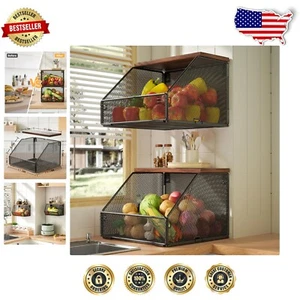 Stylish Wall-Mounted Wire Baskets with Wood Lid for Kitchen & Home Organization - Picture 1 of 8