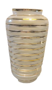 Vintage Art Glass Vase White and Gold Stripes on Clear 5.75'' - Picture 1 of 4