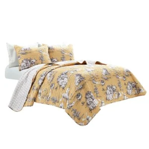 Unbranded Quilt 108"x92" Toile Cotton Reversible Yellow/GRAY 3Pc Set King Indoor - Picture 1 of 8