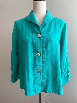 Blusa Fridaze 100 % lino abotonada para mujer L verde azulado madreperla botones Foto 1 de 4