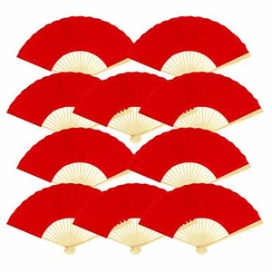9" Red Silk Hand Fans for Weddings (10 Pack) - Picture 1 of 6