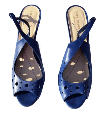 Kate Spade Royal Blue Leather Vintage Polka Dot Cut Out Slingback Italy Heels 8B - Image 1 of 4