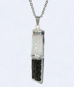 Black Tourmaline and Selenite Stacked Pendant Necklace Sterling Silver Chain Hea - Picture 1 of 12