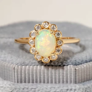 18k Yellow Gold Plated 925 Sterling Silver Natural Opal Oval Cut Engagement Ring - Picture 1 of 4