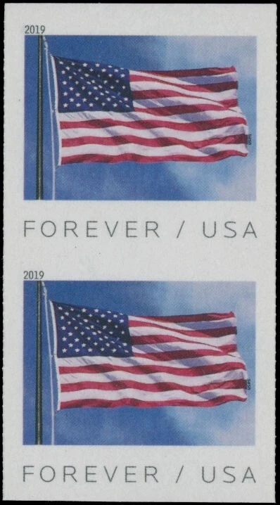 2019, USA , FLAG, FOREVER VERTICAL DIE CUTTING OMITTED PAIR OF COILS, SC.#5343a - Image 1 of 2