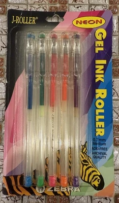 NEW Zebra Gel Pens Ink Neon J Roller 5 Pack  Sealed 90s Y2K .7mm Vintage Pen NOS - Image 1 of 4