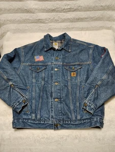 Vintage Carhartt J11DST Denim Flannel Lined Trucker WorkWear Jacket Embroidere L - Picture 1 of 14