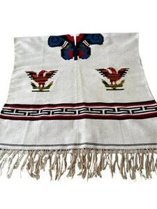Poncho Vintage Lana Flecos Festival Inca Azteca Boho Hecho a Mano Pájaros Peso Pesado - Imagen 1 de 7