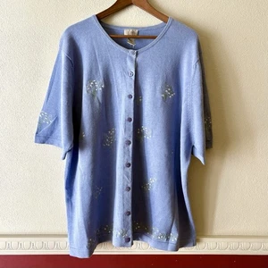 Cárdigan Suéter Vintage Teddi Para Mujer 3X Azul Bordado Floral Algodón Ramie - Imagen 1 de 10