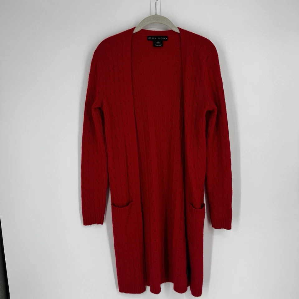 Ralph Lauren black label cardigan sweater womens medium M red cashmere cable - Image 1 of 4