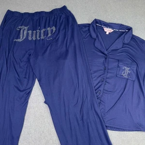 Juicy Couture Sleepwear Navy 2 Piece Pajama Set Bling Crown Spell Out Sz L Y2K - Picture 1 of 9
