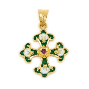 Colgante de cruz bizantina oro amarillo 18K y esmalte, cruz de piedras preciosas, joyas griegas - Imagen 1 de 10