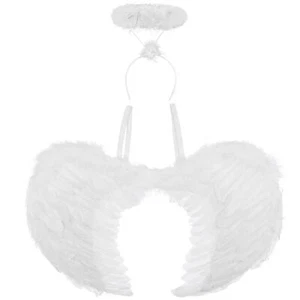 Weiße Federn Engel Flügel & Halo Halloween Gefallener Fairy Weihnachten Kostüm - Bild 1 von 6