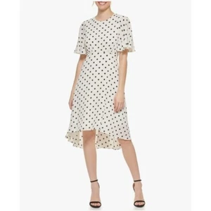 NWT Eliza J Polka Dot Midi Dress Flared Short Sleeve White Black 6 MSRP $128 NEW - Picture 1 of 8