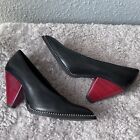 Italian Black Leather Pumps Block Red Heels Chain Bejeweled Pointy Toes Sz 38