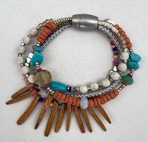 MOON C PARIS 4 STRAND BRACELET BEAD WOOD STONE SILVER METAL MAGNETIC CLASP, NEW - Picture 1 of 4
