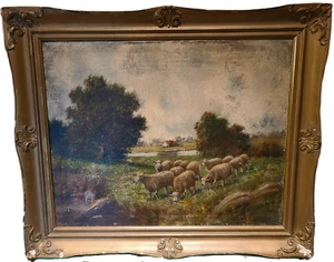 Schafe auf dem Land - antikes Ölgemälde - 24" x 20" Goldrahmen - signiert - Bild 1 von 5