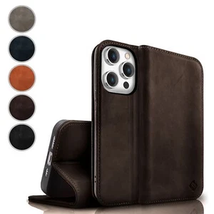 Funda de cuero para iPhone 15 Pro Max, cuero de vaca genuino RFID funda protectora Flip Case - Imagen 1 de 36