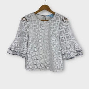 Draper James Women’s Size 0 White Gingham Lattice Pattern Double Bell Sleeve Top - Picture 1 of 11