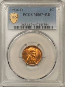 1936-D LINCOLN CENT - PCGS MS-67+ RD, REALLY SUPERB! SO TOUGH! - Picture 1 of 3
