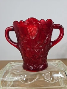 Vintage Mosser Glas Rubinrot Amberina Invertiert Erdbeere 2 Griff Löffel 5" - Bild 1 von 20