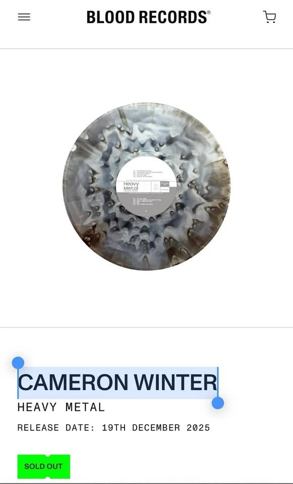 CAMERON WINTER Heavy Metal Blood Records LP Hand Numbered /1000 - Image 1 of 1