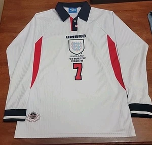 1998 Umbro England Home L/S shirt Beckham #7 France FIFA World Cup Size Large - Picture 1 of 21