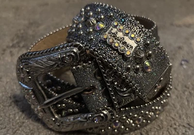 New BB Simon Belt Silver Rhinestones Size 38. Lightly Worn Roughly 3 To 4 Times. - Image 1 of 4