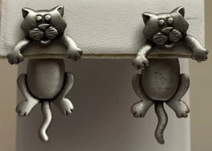 Vintage Pewter Signed JJ Jonette 2 Piece Cat Pierced Earrings SS-55 - Picture 1 of 10