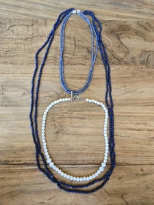 Gemstone Beaded Necklace Lot Sapphire Lapis Lazuli Angel Skin Coral Sterling 925 - Picture 1 of 22