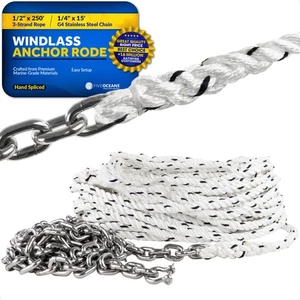 Cuerda de anclaje de molinete cuerda de 3 hilos de 1/2"x250' - cadena de acero inoxidable G4 de 1/4"x15' - Imagen 1 de 9