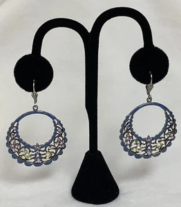 Round Dangle Style Earrings Blue With Multicolored Rhinestone Pierced - Picture 1 of 5