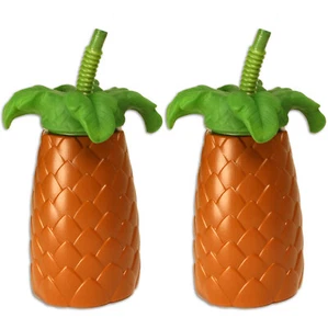 Palm Tree Shape With Straw Plastic 22 oz. Reusable Drink Cups, 2 CT, Brown Green - Picture 1 of 2