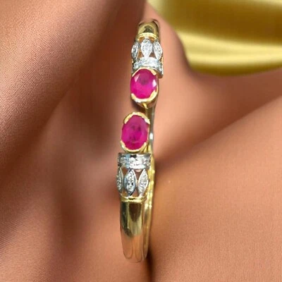 Classy 2.70 Cts Round Brilliant Cut Diamonds Ruby Cuff Bracelet 14K Yellow Gold - Image 1 of 4
