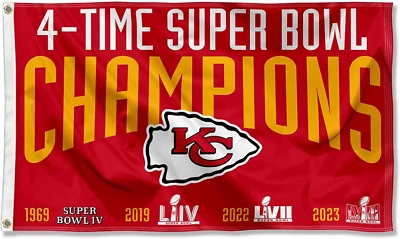 Kansas City Chiefs 4 Time Super Bowl Champions Flag Outdoor Indoor 3X5 Banner - Image 1 of 4