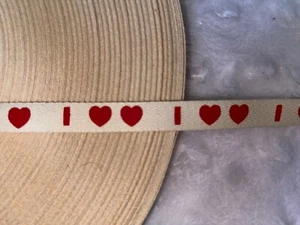 10 yards cream off white cotton twill tape red hearts 5/8" wide - Picture 1 of 3