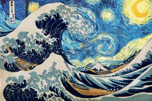 Starry Night And The Great Wave Off Kanagawa - CANVAS OR PRINT WALL ART - Picture 1 of 1