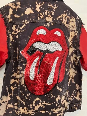 Rolling Stones - Red Leather & Tie Dyed Custom Denim Vest/Jacket - ONE OF A KIND - Image 1 of 4