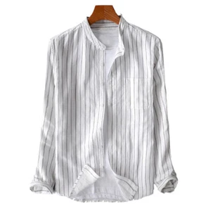 Mens Shirt Long Sleeve Striped Retro Collarless Grandad Casual Dress Shirts Tops - Picture 1 of 12
