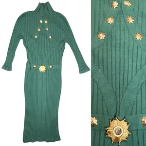 VERSACE Sea Green Rib Knit Bodycon Turtleneck Cutout Medallion Dress Sz IT40 S - Picture 1 of 10